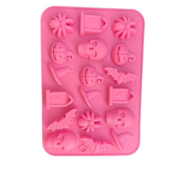Silikoneform til Halloween – Kranier, Flagermus, Græskar & Edderkopper Rosa pink