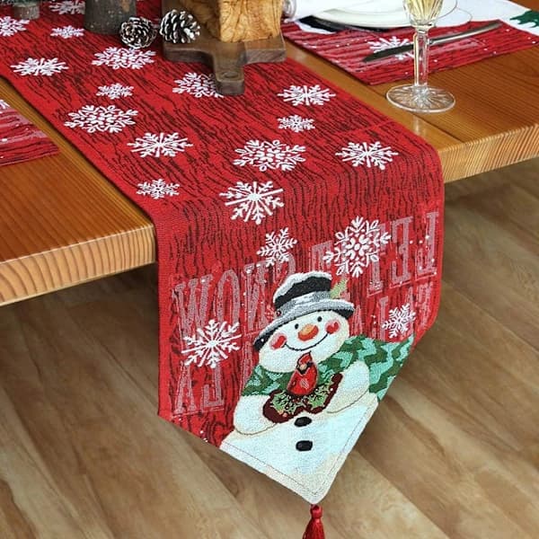 33*183cm Christmas Table Runner Red Cozy Christmas Decoration Embroidered Snowman Snowflake Pattern Dining Table Decoration