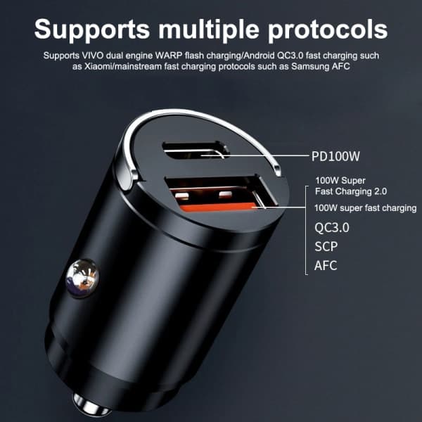 100W billader sigarettenner PD hurtiglading QC3.0 Mini USB Type-C grå
