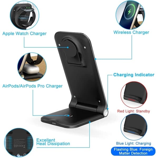 Trådløs oplader, 15W foldbar 3-i-1 trådløs ladestation