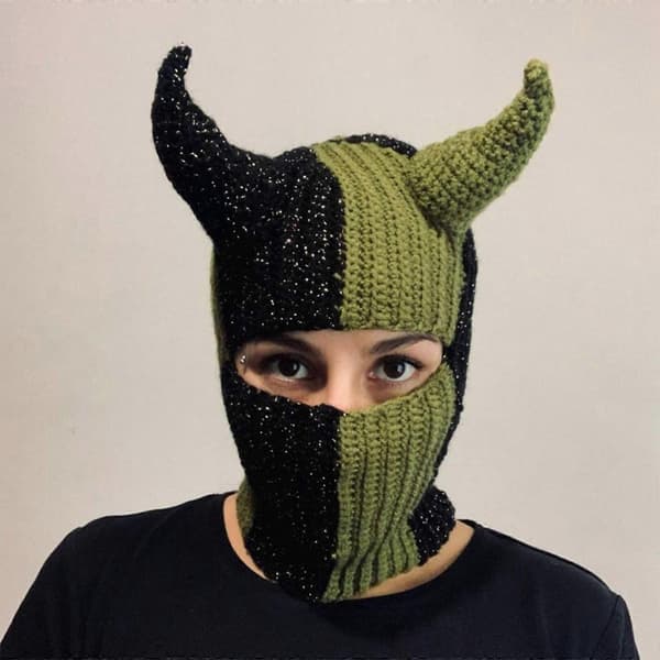 Handstickad Balaclava-mössa för tonåringar Stickad Pullover-mössa Cosplay-dräkt Hornmössa Utomhusaktivitet Vandring Skidmössa blå grön blue green