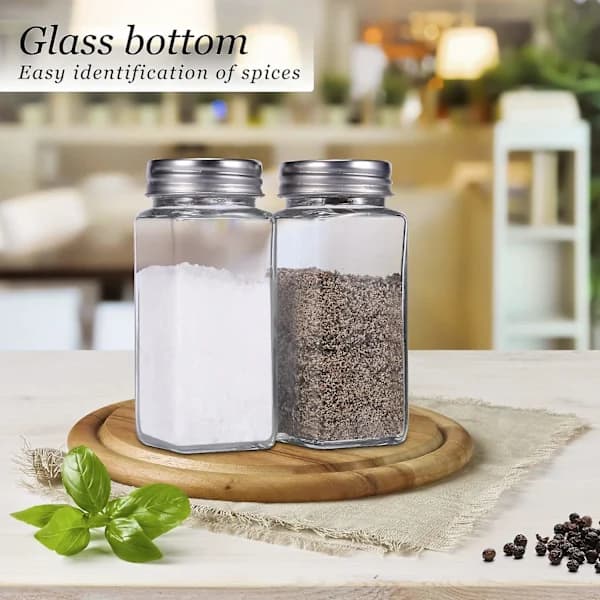 Sæt med salt- og peberkværne i glas med låg af rustfrit stål, klare glaskrydderiglas