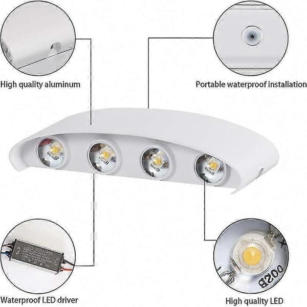 LED Vegglampe 8W IP65 Vanntett Opp Ned Lys Baderom Hvit Varmhvit 22x9x5cm