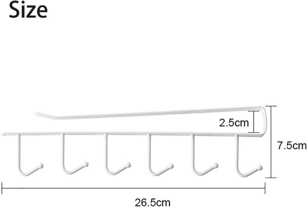 1 Piece Hanging Hooks - Shelf Under Cabinet/Mug Holder - 6 Hooks/Drill-Free Coffee Mug Holder/Kitchen Utensils/Organizer/Hook Rack - White Hanging Hooks