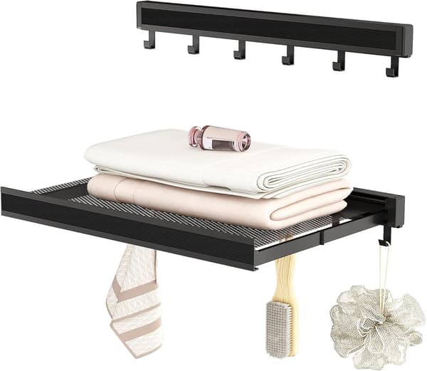 Wall-mounted clothes drying rack, foldable, 44 cm aluminum, with 6 towel hooks, black
