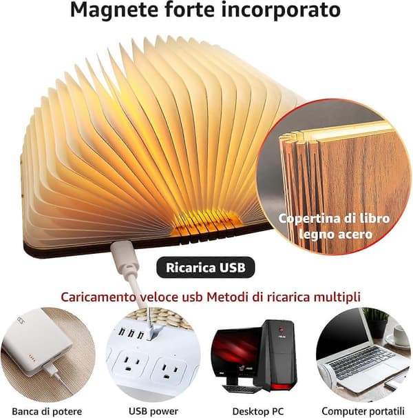 Foldbar LED-boglampe i træ, genopladelig - 15 x 11 x 2,5 cm