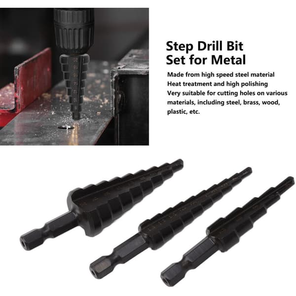 3-piece HSS Step Drill Bit with Hex Shank for Metal, Wood, and Insulation Boards