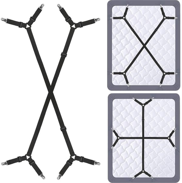 Lagenstropper 2-pak, Justerbart Elastisk Krydsdesign Med Metalklemmer, Til Stræklagner Og Madrasbeskyttere, Sort Nylon