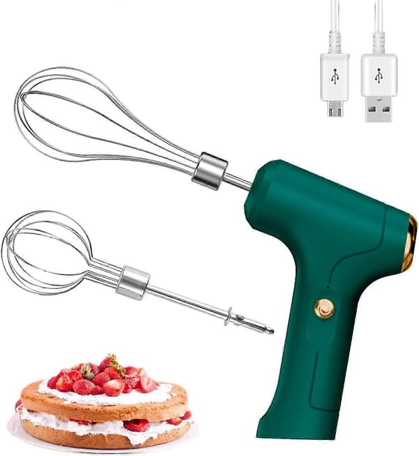 Electric Hand Whisk, USB Rechargeable, Egg Beater with 2 Detachable Whisks with 3 Speed Settings Green Green