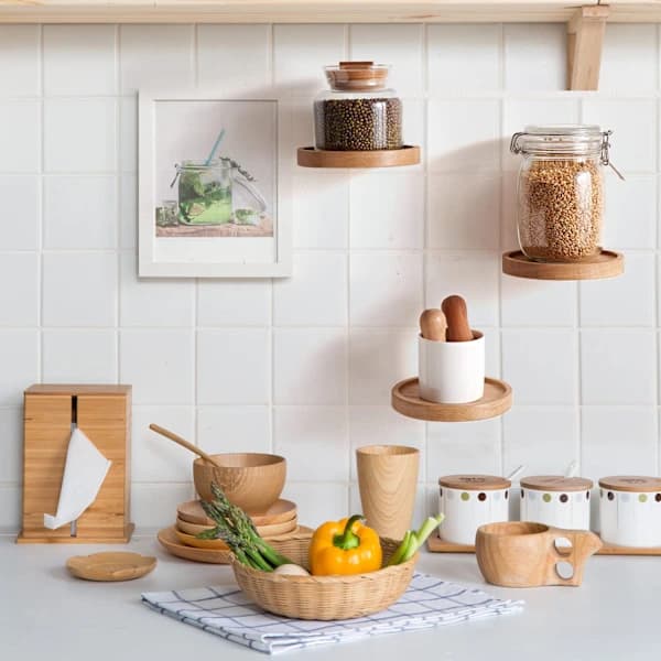 Wall-mounted shelf, round floating shelf, small wooden shelves, wall de[co]