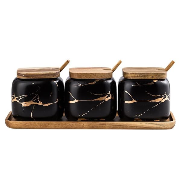 Stylish Ceramic & Bamboo Spice Jars - Organize Your Kitchen Svart black