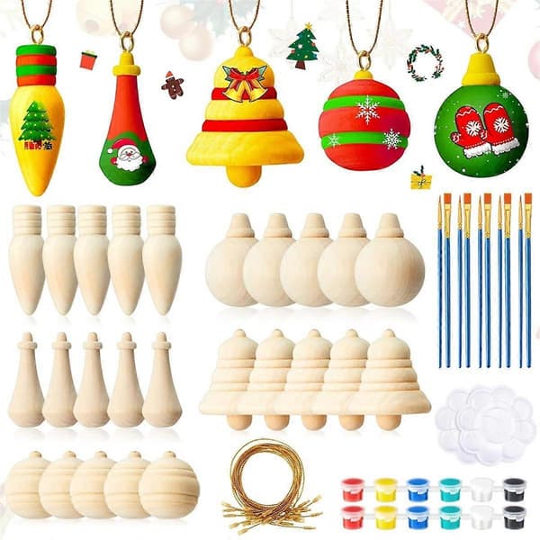 30 ubehandlede træhåndværk julepynt hængende ornamenter med malingstilbehør til DIY kunstmaling