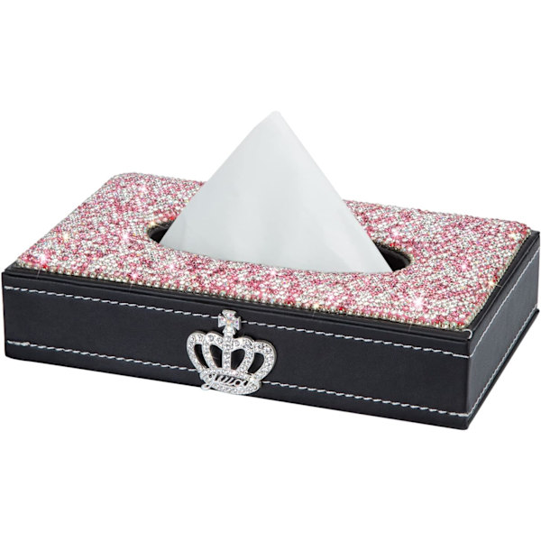 Decorative Rectangular Tissue Box Cover (Pink), Leather with Rhinestones