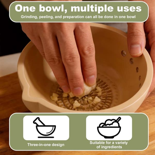 2-in-1 Herb Stripper Bowl with Grater, Stoneware Garlic Ginger Grating Bowl for Home Cooks, Beige