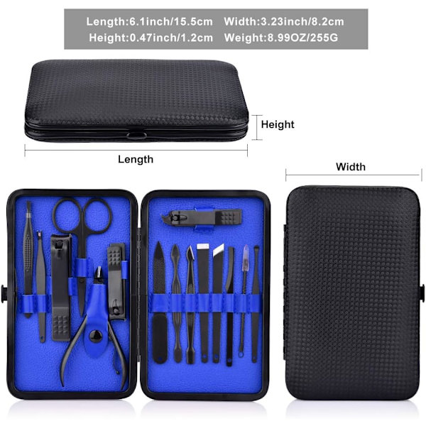 15 i 1 Manikyr Pedikyr Set Nagelknipsare - Stål Fingernagel & Tånagel Klippare Rostfritt Professionell Pedikyr Kit Nagelsax Grooming Kit med