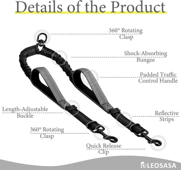 Double Dog Leash - Adjustable Leash with Anti-Tangle Splitter for 2 Dogs