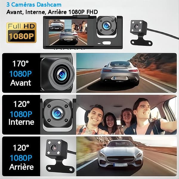 Bil Dashcam Trippel 1440P+1080P+1080P, 24-timers parkeringsovervåking, nattsyn, G-sensor
