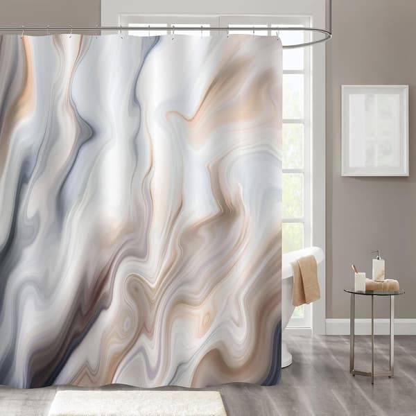 Brunt marmor duschdraperisett, taupe gradient tygduschdraperi för badrumsinredning