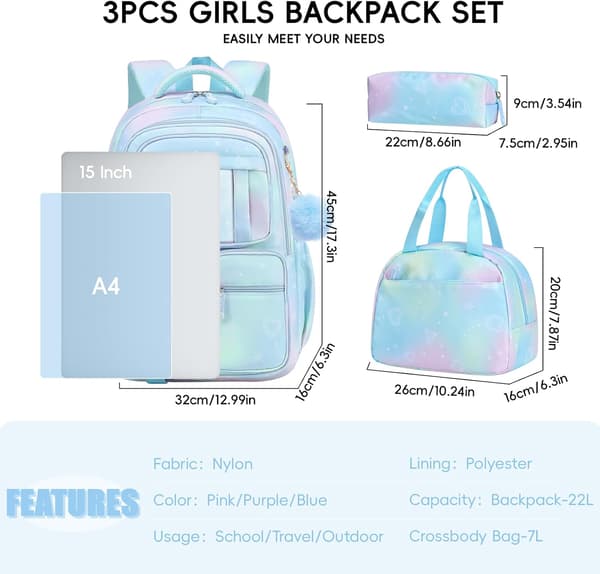 Backpack with lunch box for girls, Purple, 32x16x44 cm, Modern BLUE BLÅ