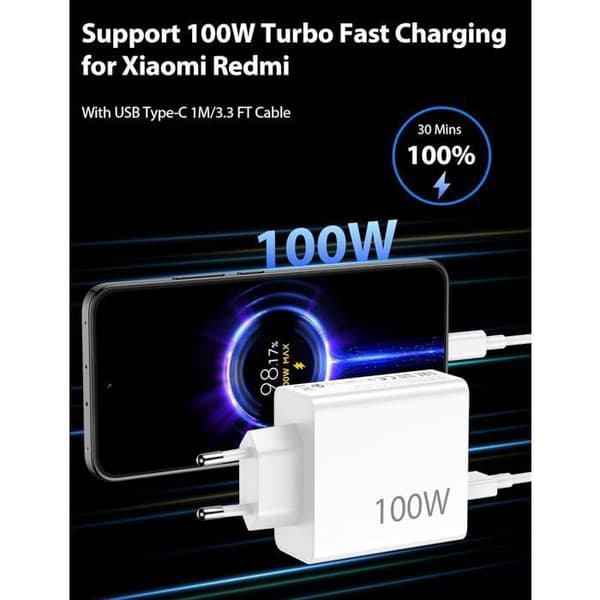 100W hurtiglader for Xiaomi 15T Pro/15 Ultra/POCO X7 Pro & Redmi – Hypercharge Turbolader med 1m 6A USB-C-kabel