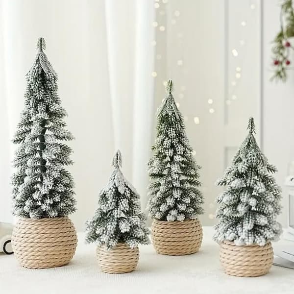 Mini Artificial Christmas Trees - IHABOR - 4-Piece Set - Snowy Branches - Linen Style Pots - 16-30 cm