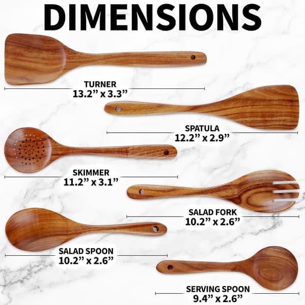 Acacia Wood Kitchen Utensil Set, 6-Piece, Spoon and Spatula Tools with Slotted Spoon and Strainer