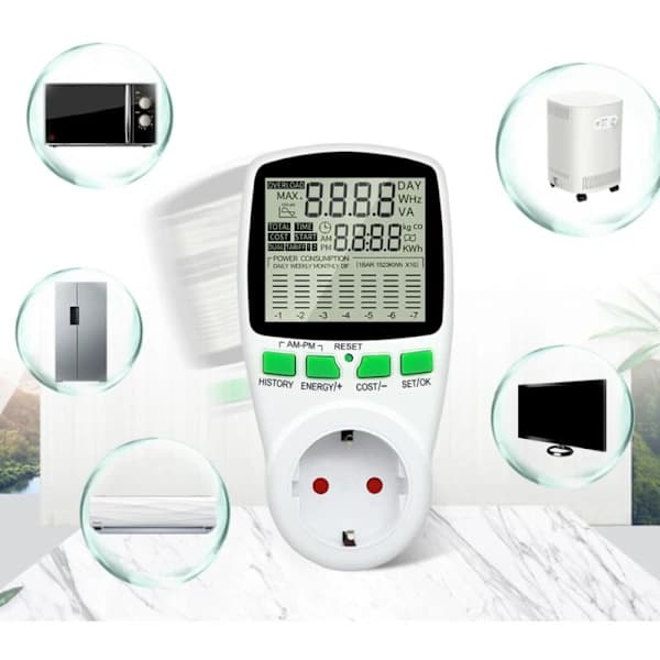 Wattmeter 230 V/16 A - Electricity Meter - Socket for Cost Control of Power Consumption - Energy Meter Socket with Large LCD Display