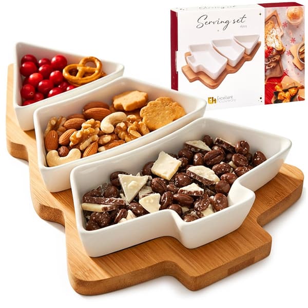 Snackskålsæt i porcelæn med bambusbakke, 4 dele