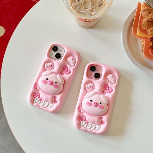 Kawaii 3D Grisefutteral med Stativ og Grep for iPhone 16 Pro Max, Søt Tegneserie Dyretelefonfutteral for Jenter, Gutter, Barn, Tenåringer og Kvinner Rosa