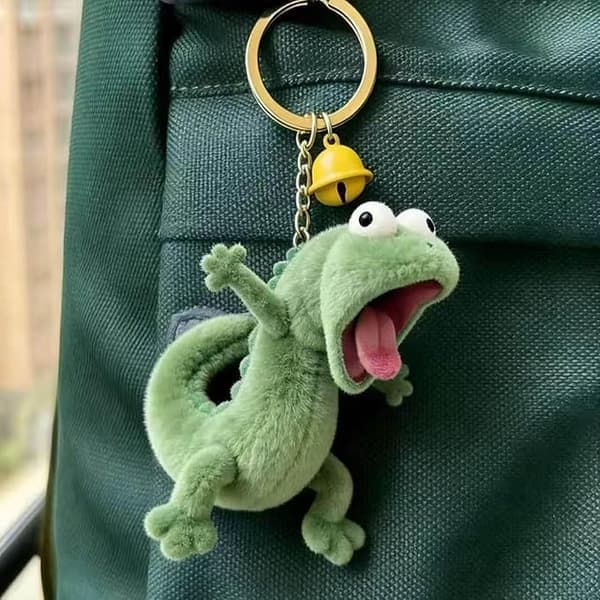 10 cm Dino Plysch Nyckelring – Ödla med Utstickande Tunga, Väskberlock för Väskor, Ryggsäckar & Nycklar