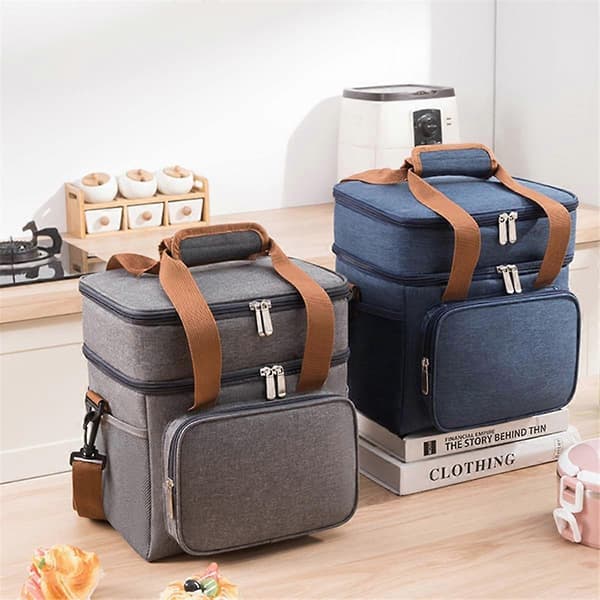 Insulated Lunch Bag Double Layer Leakproof Waterproof Lunch Bag with Shoulder Strap Picnic Camping Bag Grey