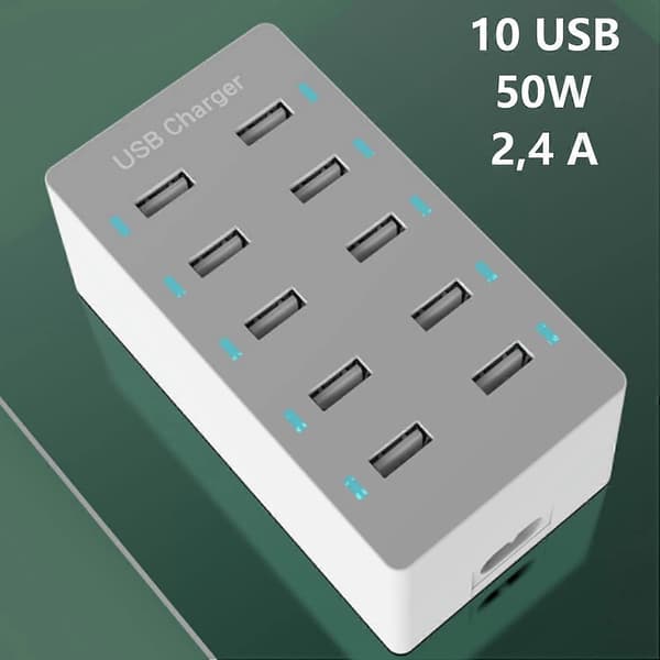 USB Charging Station, 50W 10-Port USB Charging Hub, with Smart Detection
