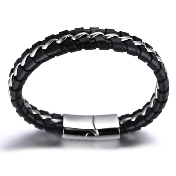 Drenge Ægte Læderarmbånd Sort. Titanium Sølv Kæde