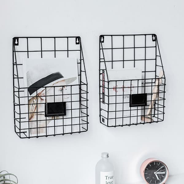 Metal Wire Mesh Shelf Hanging File Mail Document Organizer Magazine Storage Rack Wall Shelves (Black)