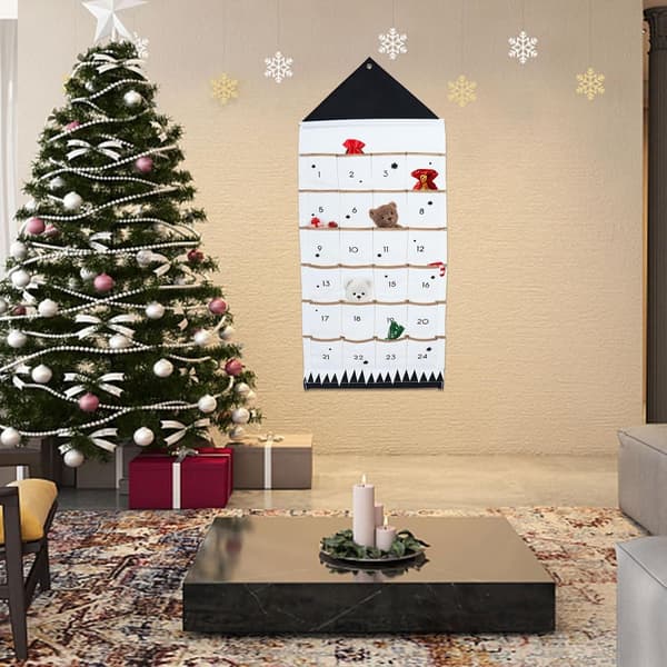 Christmas Calendar, 24 Compartment Reusable Fabric Wall Hanging, Black and White