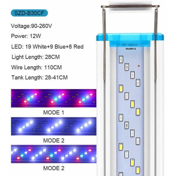 LED-akvarielampe med 3 justerbare lysmoduser for akvariedekorasjon, 28 cm, 12W