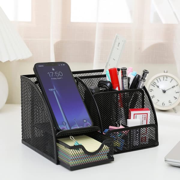 Black Metal Mesh Desk Organizer with Pull-Out Drawer