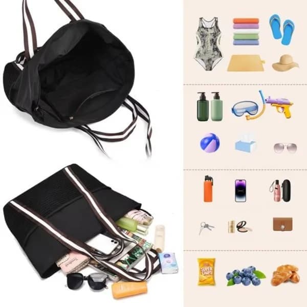 Vandtæt strandtaske til kvinder, stor polyestertaske med lynlås til rejser og picnic, sort