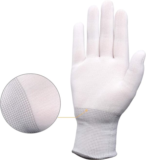 6 par hvite nylon arbeidshansker, sømløse sklisikre passformhansker