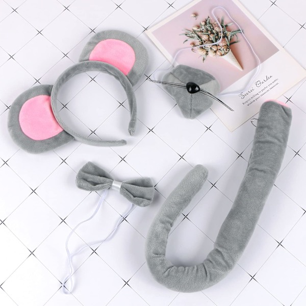 4-delt Muskotym sæt, Museører-hårbøjle, Musenæse, hale og butterfly, Muskotym Grey