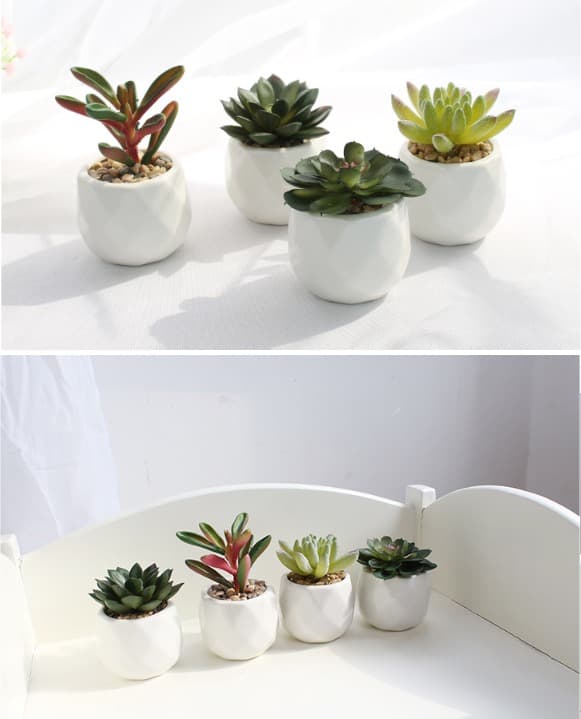 4 stk. Mini Simulerede Sukkulenter i Potter Grønne Planter Stueplanter (PAT11)