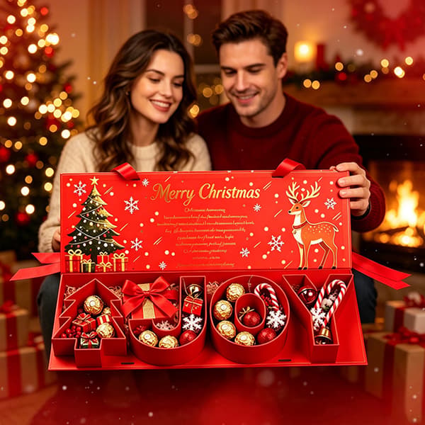 Röd julklappsask i OPP-påse Red Christmas gift box OPP bag