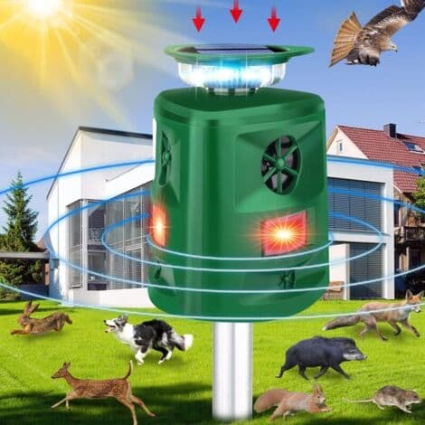 Solar Powered Ultrasonic Animal Repeller - 9 Meter Detection Range - 5 Adjustable Modes - IP44 Waterproof - 360° Protection Against Cats and Foxes