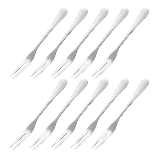 Small Stainless Steel Forks for Cocktail, Appetizer, Dessert, Party - 10 Pieces, 2-Prong Fruit Fork