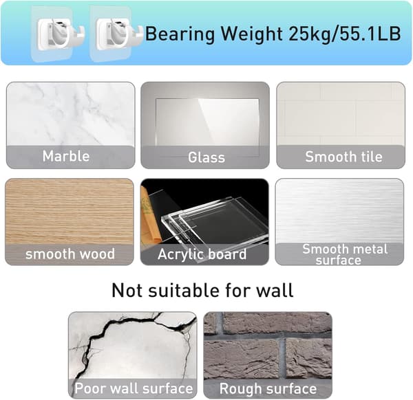 Curtain Rod Holders, Self-Adhesive Adjustable Wall Brackets No Drilling for Home, Bathroom, Kitchen, Transparent 6-Pack