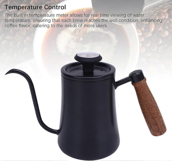 Kaffekanne med termometer, svanehals i rustfritt stål med trehåndtak svart