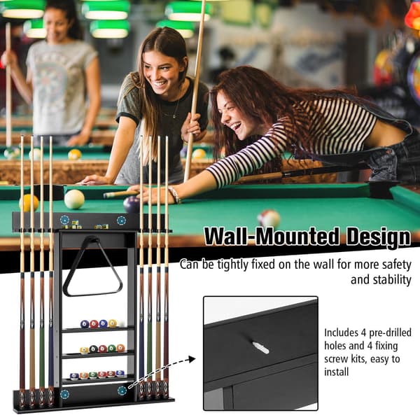 Vægmonteret billardkøholder, 8 billardkøer, 15 bolde, sort