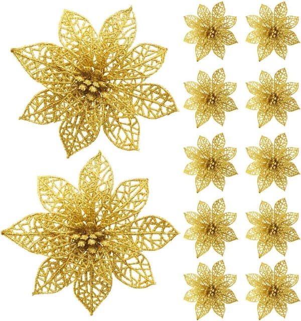Gullfarget pakke med 8 kunstige glitter julestjerner Christ