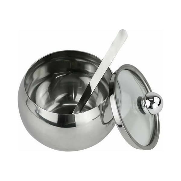 Stainless Steel Sugar Bowl with Glass Lid and Spoon