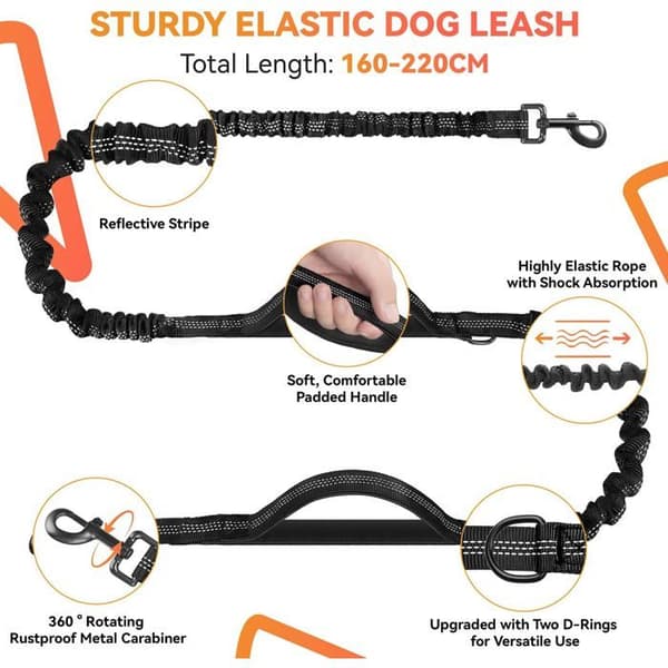 Handsfree hundkoppel elastiskt joggingkoppel 160-220 cm anti-drag reflekterande justerbart bälte svart
